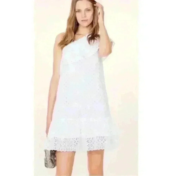 NWT Tory Burch Zoe white eyelet cotton one shoulder dress Sz 10 - Picture 6 of 7